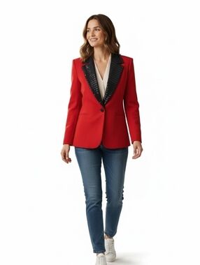 Vintage Toula Two Button Cardigan Jacket Red Knit Black Sequin Collar Womens 10